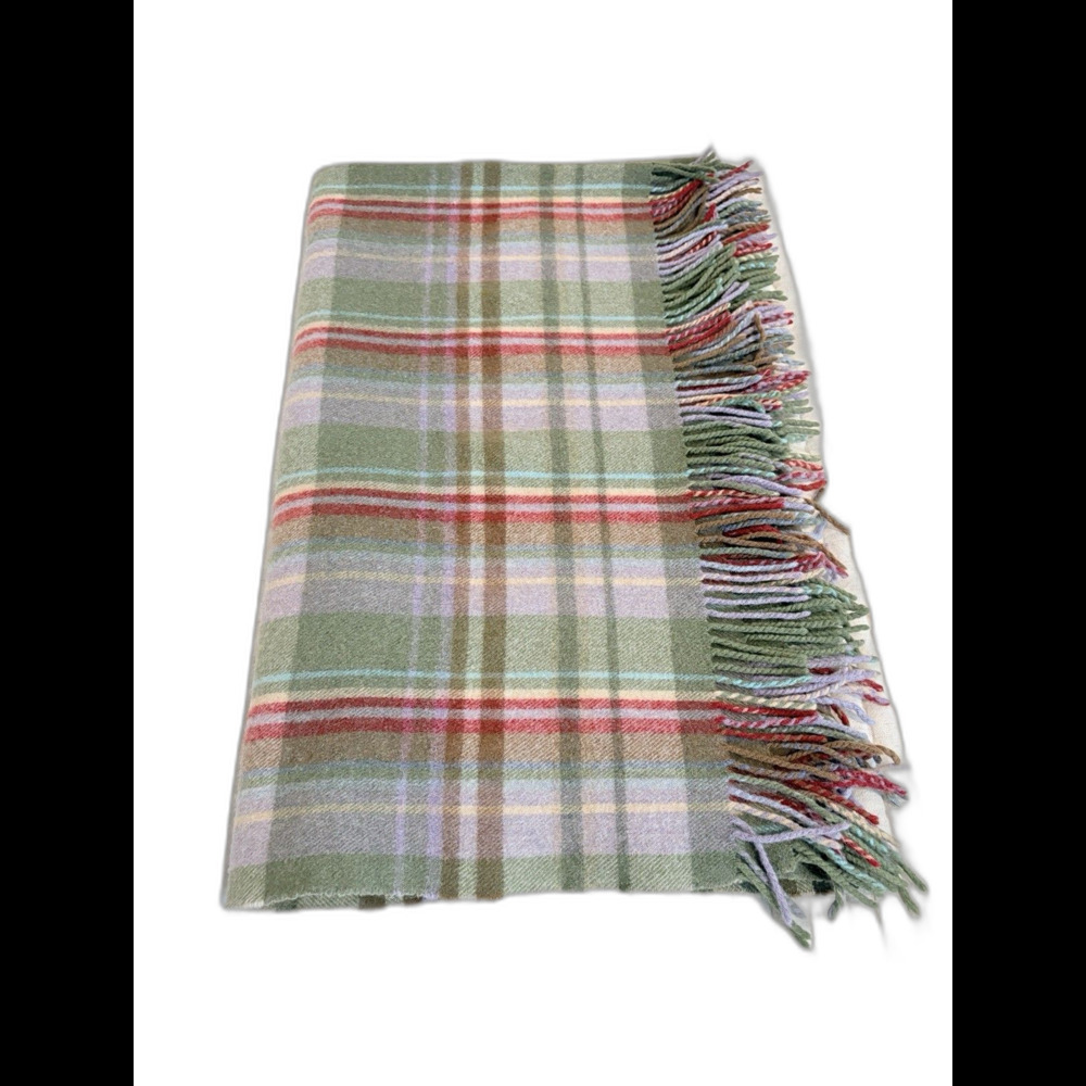 Ireland 100% Wool Blanket John Hanly & Co Plaid Purple Green Fringe Trim 50x62